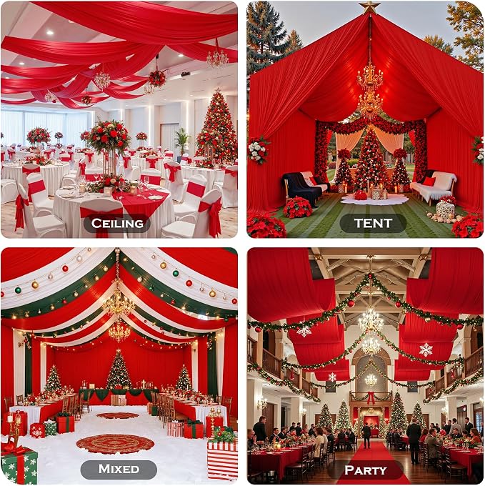 20ftx40ft Red Ceiling Curtain for Wedding Parties – 4 Panels Wrinkle-Free 40 FT Long Tent Draping Curtains for Wedding, Birthday & Theme Parties, 40ft Height with Rod Pocket