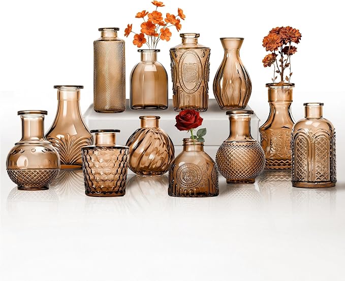 Mini Bud Vases Centerpieces for Tables, for Flowers,Small Flower Vases Suitable for Birthday Party,Anniversary,Wedding Reception,Baby Shower (Amber, 12PCS)