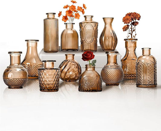 Mini Bud Vases Centerpieces for Tables, for Flowers,Small Flower Vases Suitable for Birthday Party,Anniversary,Wedding Reception,Baby Shower (Amber, 12PCS)