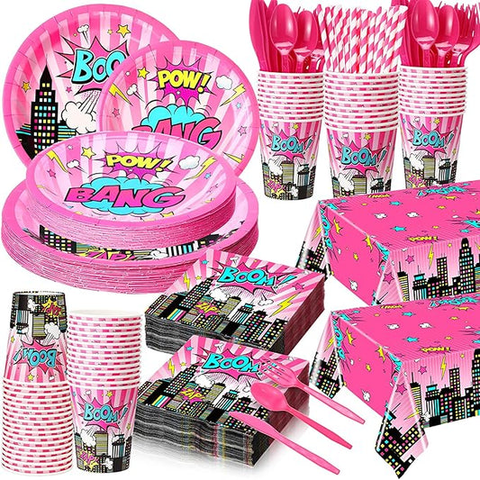 Potchen 452 Pcs Party Supplies Serve 50 Guests, Paper Plates Napkins Cups Cutlery Plastic Tablecloth Dinnerware for Birthday Wedding Party Decoration (Bright Pink, Hero)