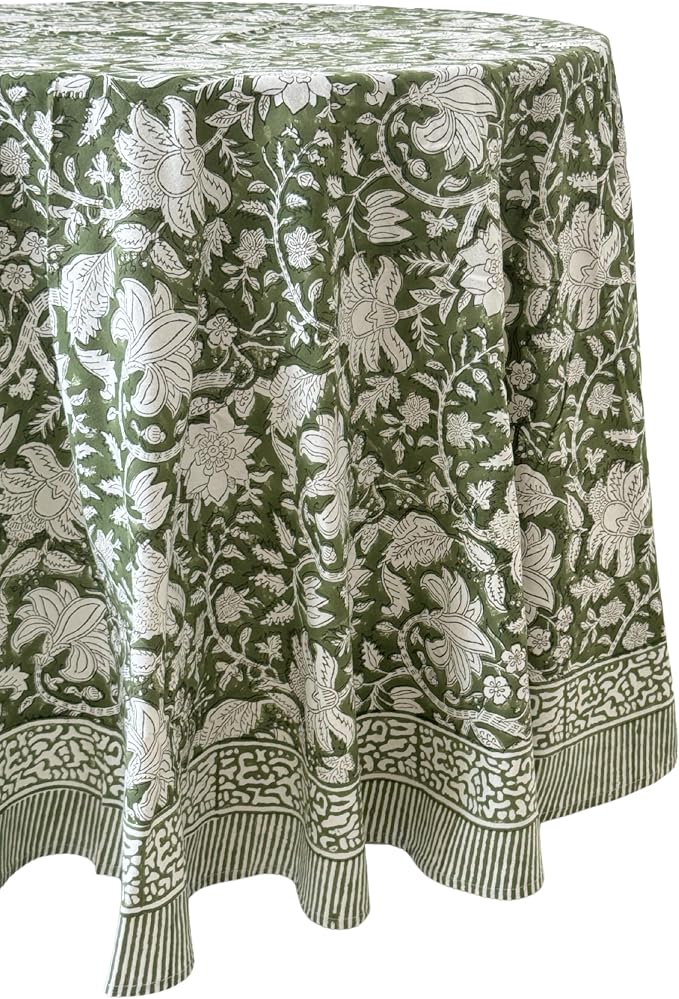 ATOSII Noori Green 100% Cotton Round Tablecloth, Handblock Print Floral Table Cloth for Kitchen Dining Linen I Parties, Weddings, Outdoors I Summer Home Decor 90" Inches Round