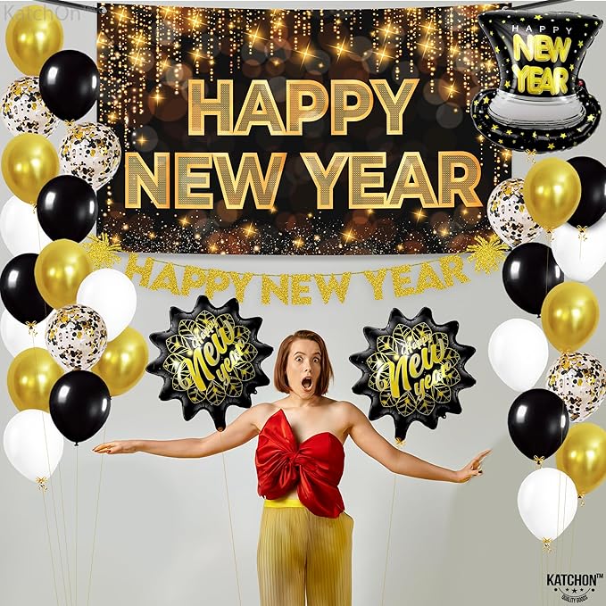 KatchOn, New Years Eve Party Supplies 2026 - Huge, Pack of 37 | Happy New Year Banner, New Years Balloons for Black and Gold Happy New Year Decorations 2026 | NYE Decorations 2026