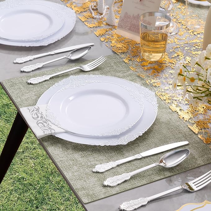 Fijinhom 350pcs Silver Plastic Plates, Elegant Disposable Dinnerware Set, 125 Pieces, White and Gold, Plates, Cups, Cutlery and Napkins (Silver, 50 Guests)