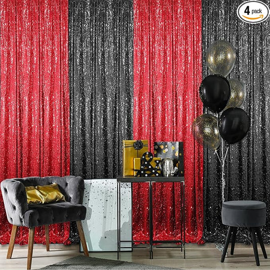 4 Panels 2 x 8 ft Red and Black Sequin Backdrop Curtain Glitter Backdrop Curtain for Congrats Grad Graduation Party Decorations Birthday Wedding Background Anniversary Photography