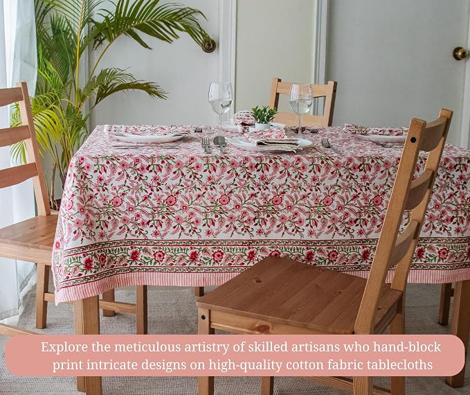 Block Print Peach Table Cloth- 54x108 Inch Rectangle 100% Cotton Handmade Pre-Shrink, Washable for Spring, Kitchen & Dining Perfect for Chirstmas, Patio, Indoor & Outdoor, Farmhouse