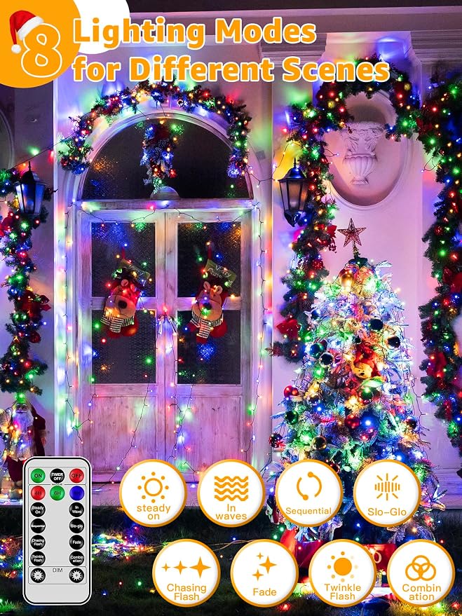 BrightChristmas 328 FT 1000 LED Christmas Lights, Waterproof Outdoor String Lights with Remote and Timer, Christmas Tree Lights with 8 Modes Dimmable, Fairy Lights for Holiday Decor (Multicolor)