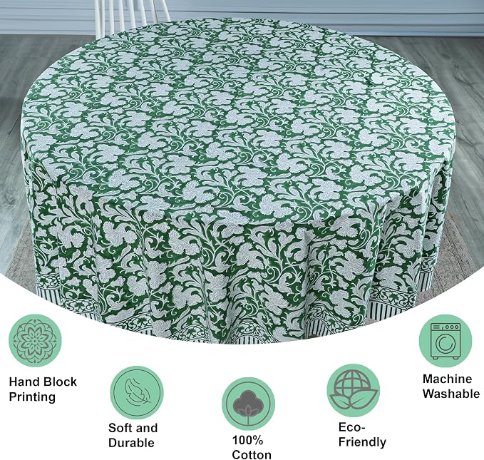 Ridhi Round Tablecloth Hand Block Print 100% Cotton Reusable Pantone Artichoke 120 Inch Table Cover Decorative Everyday Use for Dining, Home, Party, Wedding, Farmhouse Gift for Spring, Mother's Day