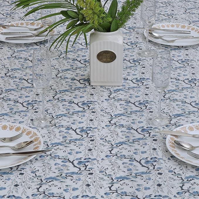 Ridhi Spruce Carolina Blue Hand Block Print Cotton Rectangle Tablecloth 90" x 60" inches Reusable Table Cover Decorative Everyday Use for Dining Room, Farmhouse, Home Gift for Spring, Mother's Day