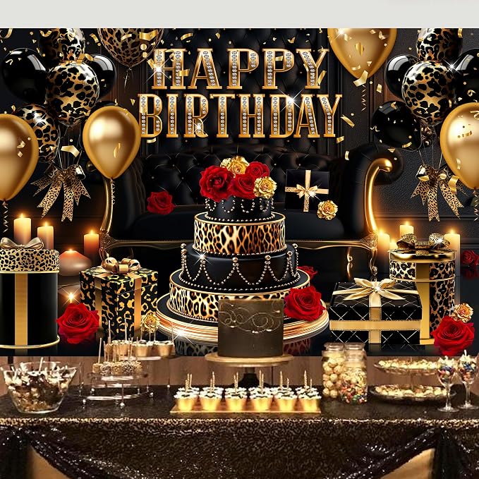 Happy Birthday Backdrop for Women 7Wx5H Feet Black Gold Leopard Print Cheetah Balloon Banner Decoration Red Rose Party Celebration Photography Background Photo Shoot Props Polyester Fabric
