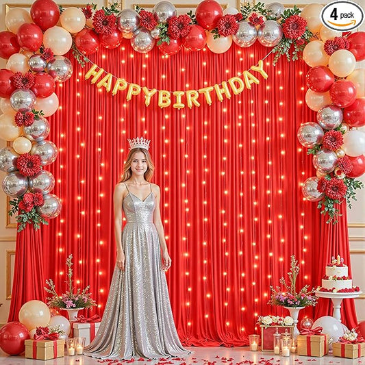 10 x 10 ft Red Backdrop Curtains with Lights String for Wedding Polyester Photo Backdrop Drapes Wrinkle Free Red Long Curtains for Birthday Parties Reception Baby Shower Ceremony-10 x 5ft x 2 Panels