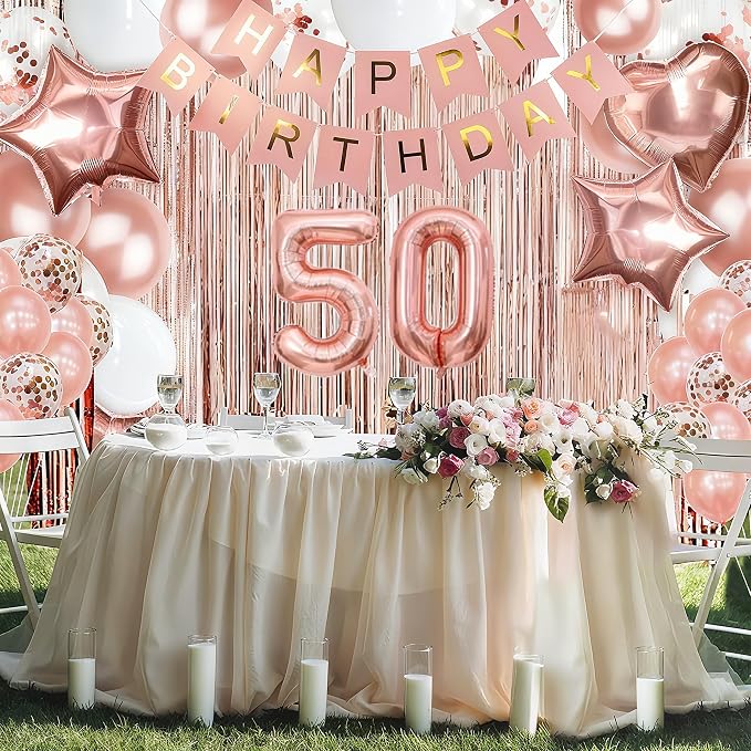 255 Pcs Rose Gold 50th Birthday Decorations for Women – Party Decoration Supplies Kit with “Happy Birthday” Banner, Balloons, Crown, Sash, Cake Topper, Tableware & Fringe Curtain for 25 Guests