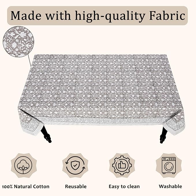 Ridhi Taupe Hand Block Print Cotton Rectangle Tablecloth 120" x 80" inches Reusable Table Cover Decorative Everyday Use for Dining Room, Farmhouse, Home Gift for Spring, Mother's Day