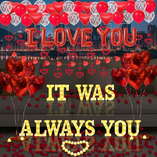 It Was Always You Light Up Letters Proposal Decorations, 14Pcs 6.3" Sign with 24Pcs Flameless Heart Candles 2000Pcs Red Artificial Rose Petals 40Pcs Latex Balloons 10Pcs Heart Balloon Valentine's Day