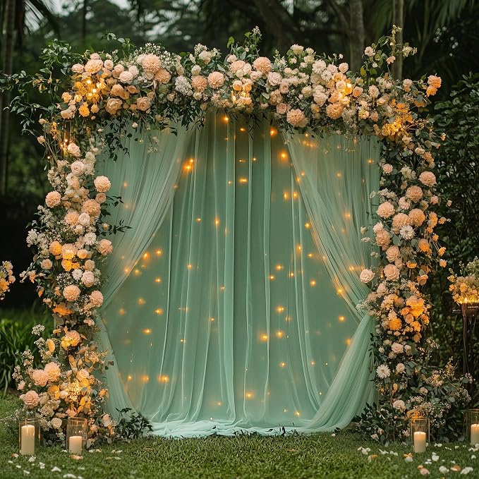 Fomcet Tulle Curtains with Lights String Green 10FT X 10FT Sheer Backdrop Curtains for Parties Wedding Baby Shower Photo Shoot Decorations (2 Panels 5x10FT)