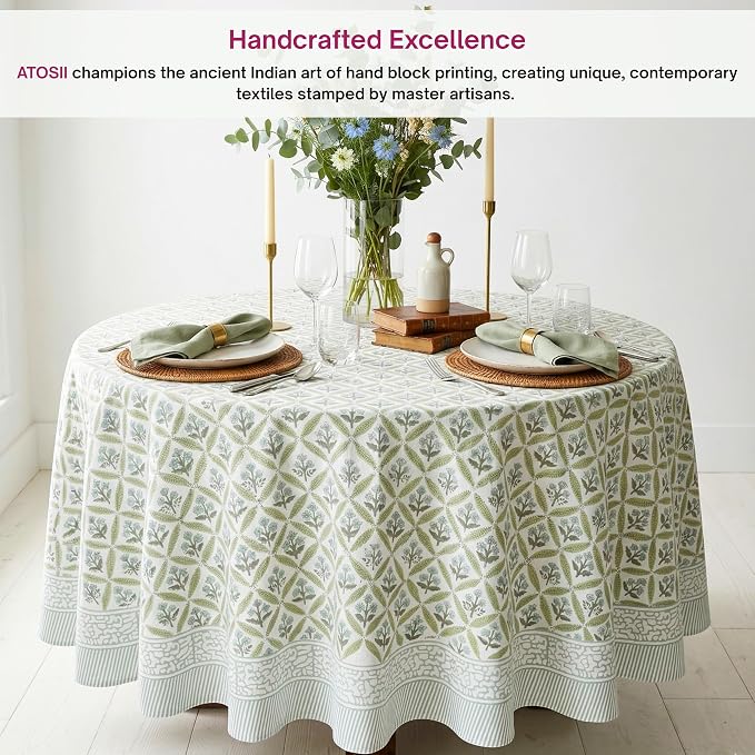 ATOSII Netta Green 100% Cotton Round Boho Fall Tablecloth, Handblock Floral Table Cloth Linen for Kitchen Dining I Parties Weddings Outdoors Picnics Easter Mothers Day I 60" Inches Round I 4 Seater