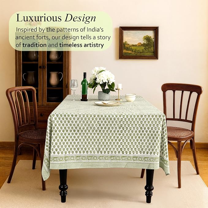 CPC Tablecloth 100% Cotton 70x118 Inch Indian Block Print Rectangle Table Cover, Table Cloth for Weddings, Spring/Summer, Barbeque - Emerald Green