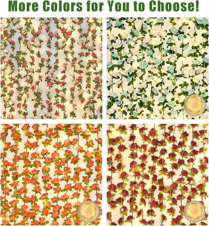 BLEUM CADE 5Pcs 41Ft Flower Garland Artificial Rose Vines with 32.8Ft String Lights, Cute Fake Hanging Flower Vines Floral Garland Decorations for Wedding Party Wall Room Decor Aesthetic