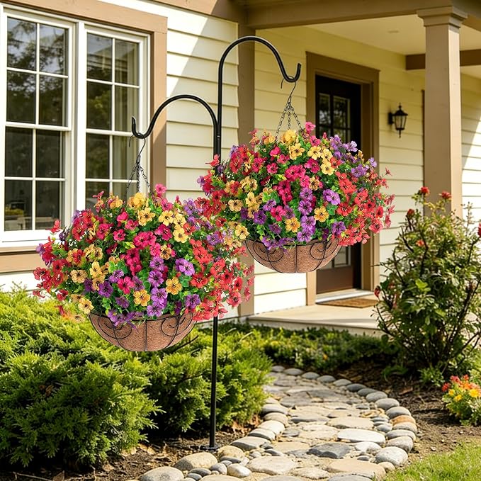 HyeFlora 2 Set Artificial Outdoor Flowers Hanging Basket, Faux Hanging Plants for Outside Spring Decoration, Fake Silk UV Resistant Look Real Daisy for Porch Patio Home Decor