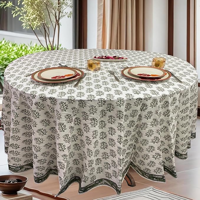 Ridhi Round Tablecloth Hand Block Print 100% Cotton Reusable Evergreen 110 Inch Table Cover Decorative Everyday Use for Dining, Home, Party, Wedding, Farmhouse, Party Gift for Spring, Mother's Day