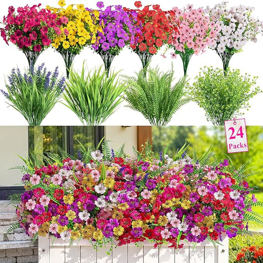 Alupssuc 24 Bundles Artificial Flowers for Outdoors Spring Decoration, UV Resistant Faux Eucalyptus Violet and Lavender Silk Fake Plants for Outside Indoor Decor, Red Rose Purple Yellow Pink White