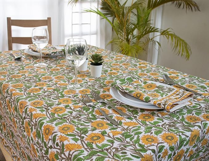 Block Print Table Cloth- Yellow 60x108 Inch Rectangle 100% Cotton Handmade Pre-Shrink, Washable for Spring, Kitchen & Dining Perfect for Chirstmas, Patio, Indoor & Outdoor, Farmhouse