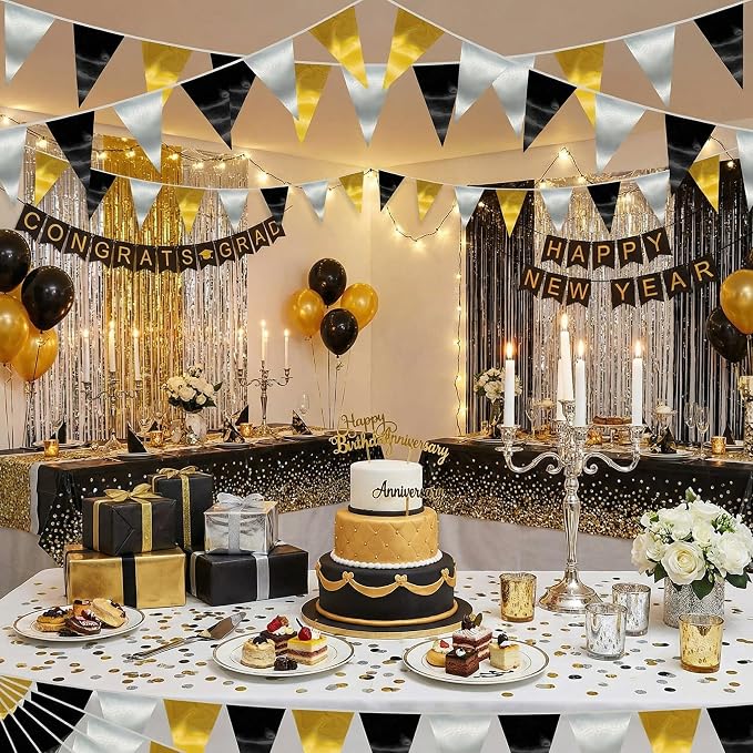 40M/130FT Black Gold Silver Triangle Pennant Banner Flag Metallic Fabric Bunting Garland for Christmas Wall Hanging,Graduation Decorations, New Years Decorations,Father' Da