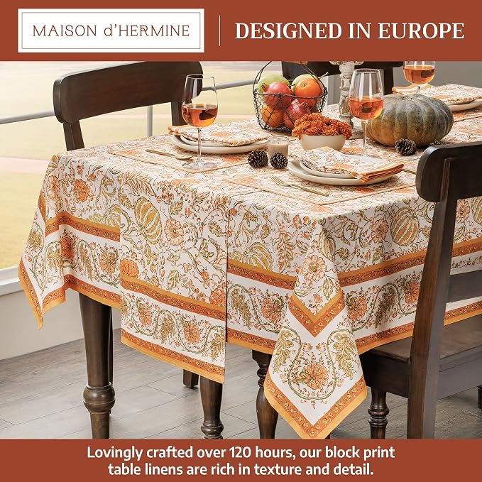 Maison d'Hermine Table Cloth Rectangle Table 100% Cotton 70 x 120 Inches Tablecloth Reusable Decorative Everyday Use for Dining Room, Farmhouse, Home, Party, Festive & Wedding - Pumpkin Spice