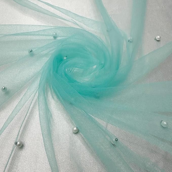 Pearl Turquoise Gauze Pearl Table Runner 120 Inch 10FT, Seasonal Sheer Dining Holiday Wedding Birthday Baby Shower Tulle Summer Table Decor for Home Party