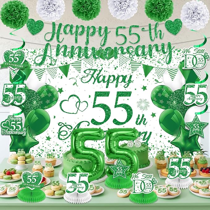 55th Wedding Anniversary Decorations Kit Green Happy 55th Anniversary Banner Backdrop Table Honeycomb Centerpiece Hanging Swirls Poms Decor for Men Women 55 Years Emerald Anniversaries Party Supplies