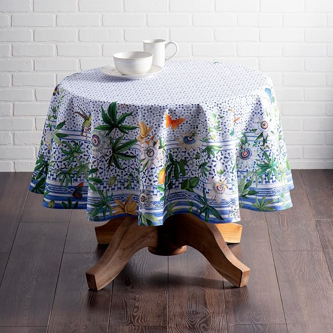 Maison d' Hermine Table Cloth Round Table 100% Cotton 63 Round Inches Tablecloth Reusable Decorative for Dining Kitchen Room Farmhouse Party Home Hotel Restaurant Spring Summer - Passiflora