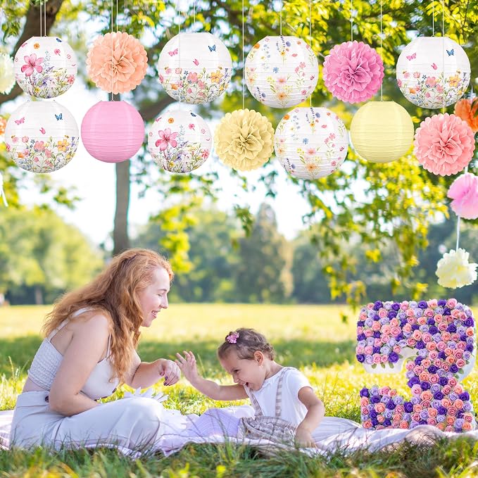 Renbuzhu 13PCS Wildflower Party Decorations Hanging Paper Lanterns Pom Poms for Baby in Bloom Baby Shower Fairy Birthday Tea Garden Spring Home Indoor Outdoor