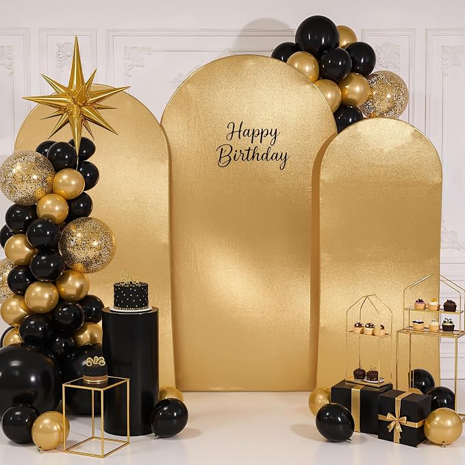 Gold Shimmer Arch Backdrop Cover Set of 3 (6 6.6 7.2FT) with Zipper,Thick Soft Stretchy Sequin Glitter Spandex Fitted Chiara Cover for Wedding Birthday Baby Shower Graduation Party Photo Backdrop