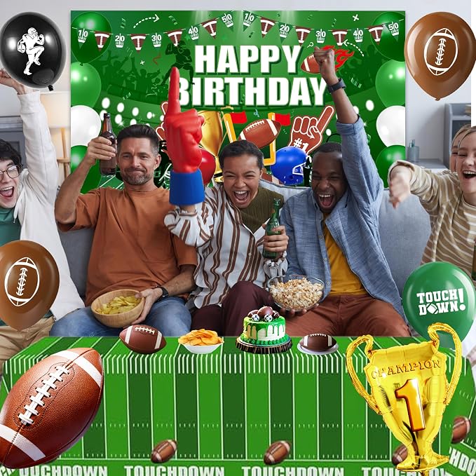 Football Birthday Decorations For Men,Happy Birthday Backdrop,Banner Balloons,Table Cloth,Paper pom poms Party Supplies for Boys