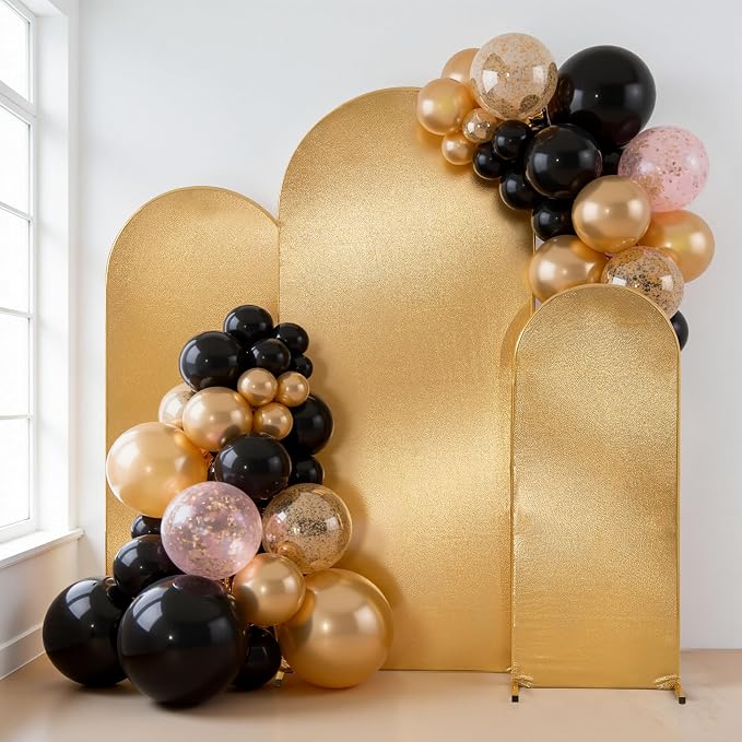 Gold Shimmer Arch Backdrop Cover Set of 3 (4 5 6FT) with Zipper,Thick Soft Stretchy Sequin Glitter Spandex Fitted Chiara Cover for Wedding Birthday Baby Shower Graduation Party Photo Backdrop