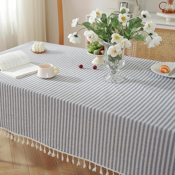 meioro Table Cloth Blue White Striped Tablecloth Tassels Cotton Blend Dust-Proof Table Cover for Dining Coffee Buffet Kitchen Picnic Tables, Parties Tablecloths.(Rectangle/Oblong, 55 x 120Inch)