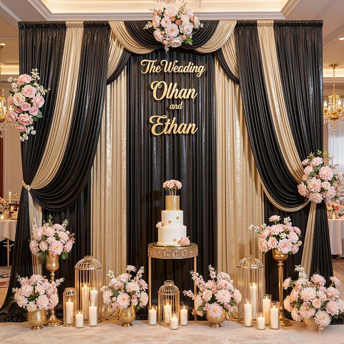 20ft x 10ft Champagne Black Sequin Backdrop Curtain for Parties, Wrinkle Free Glitter Photo Backdrop Drapes 4 Panels 5x10ft Back Drop Cloth for Wedding Photography Background