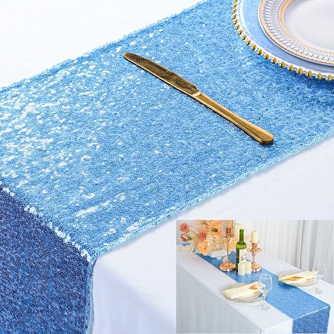 ShinyBeauty Baby Blue Table Runner 2 Pack 12''X108'' Sequin Table Runner Sequence Light Blue Table Runners 108 Inches Sparkle Party Table Runner Wedding Decor
