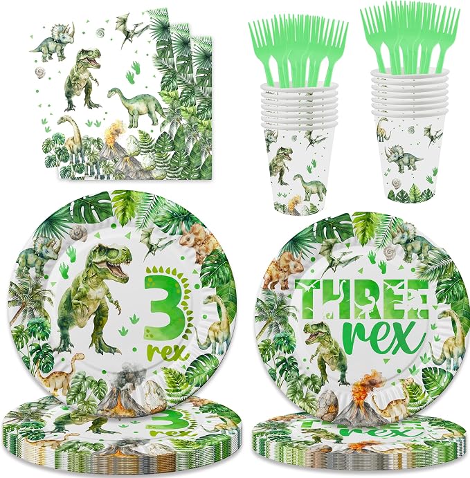 208 Pcs Dinosaur 3rd Birthday Party Supplies, Green Dino Three Rex Birthday Decorations, 20 Serves Include Paper Plates, Cups, Napkins, Tablecloth, Cake Topper, Swirls, Banner, Balloons for Boys