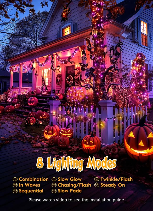 Halloween Solar String Lights Outdoor Waterproof, 19.6Ft 240 LED 8 Modes | Solar Fairy Lights Halloween Lights Outdoor, Waterproof Twinkle Firecracker Light for Patio Yard Trees, Orange Purple