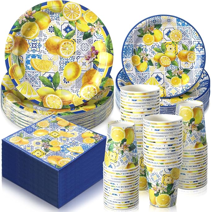 Hsei 250 Pcs Capri Lemon Plates and Napkins Party Decorations Disposable Tableware Sets Festival Birthday Party Supplies Serves 50 Guests Dinnerware Bridal Shower Party Favors