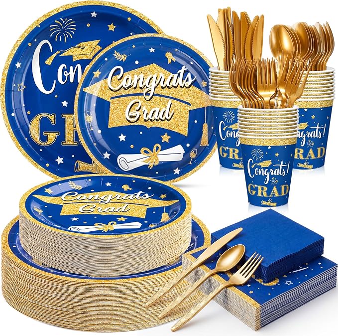 Domensi 400 Pcs 2026 Graduation Decorations Plates and Napkins and Cups Set Serve 50, Blue and Gold Graduation Party Supplies, Class of 2026 Paper Tableware 9oz Cup Knife Fork Spoon Congrats Grad