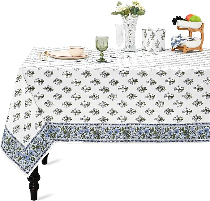 Ridhi Baby Blue Hand Block Print Cotton Rectangle Tablecloth 60" x 60" inches Reusable Table Cover Decorative Everyday Use for Dining Room, Farmhouse, Home Gift for Spring, Mother's Day