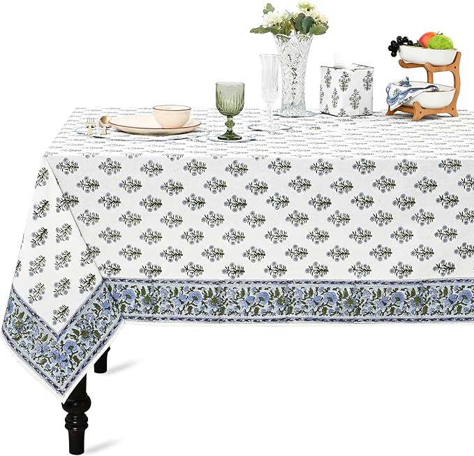Ridhi Baby Blue Hand Block Print Cotton Rectangle Tablecloth 108" x 60" inches Reusable Table Cover Decorative Everyday Use for Dining Room, Farmhouse, Home Gift for Spring, Mother's Day