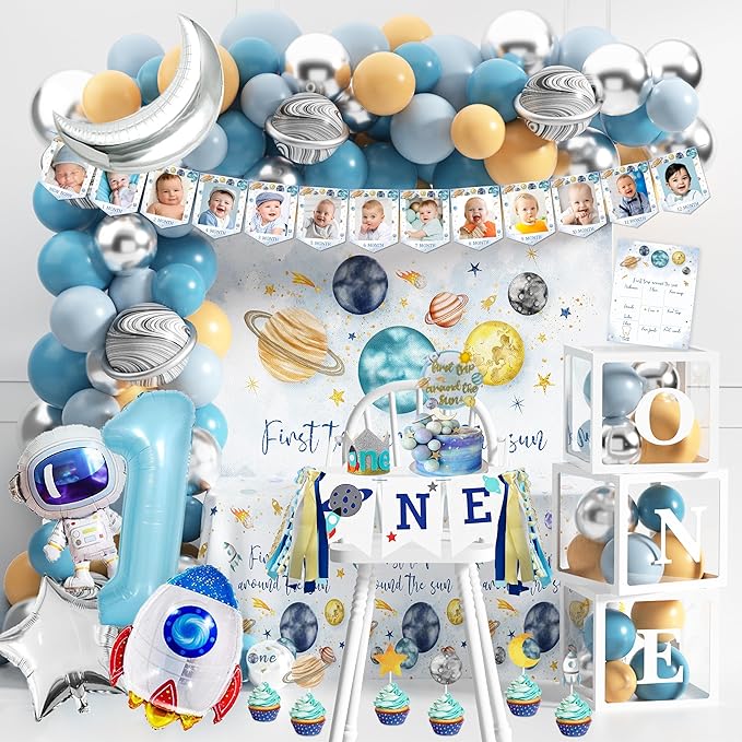 First Trip Around The Sun Birthday Party Decorations for boy 1st Birthday Supplies First Trip Around The Sun Backdrop Balloons Garland Monthly Photo Banner Space Theme Party Decor