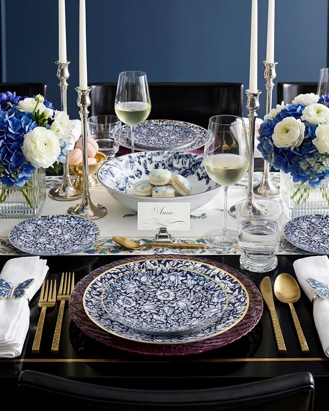 Hioasis 60pcs Plastic Disposable Plates Set - Blue & White Floral Pattern with Gold Rim, 10.25 Dinner & 7.5 Dessert Plates for Wedding,Anniversary,Party and Holiday