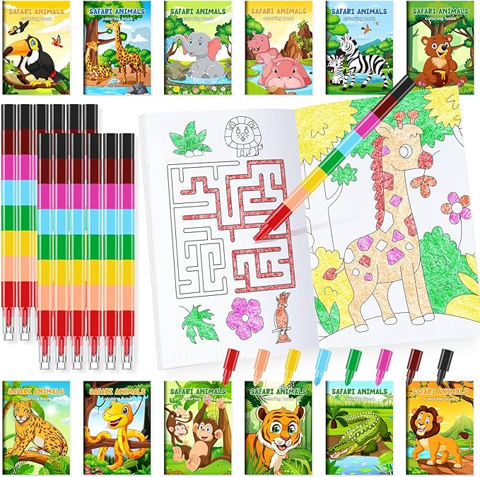 BenLouis 24 Jungle Safari Mini Coloring Books Kids with 24 Stacking Crayons Zoo Animals Party Favors Activity Books Bulk for Kids Wild One Lion Goodie Bag Gift Stuffer Classroom Reward