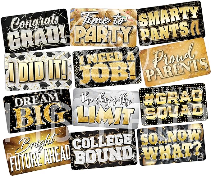 KING PROPS Graduation Photo Booth Prop Decorations 6 Count, Any Graduation Party, Water Proof Multi Color Double Sided Gold and Black Selfie Photoshoot Party Props