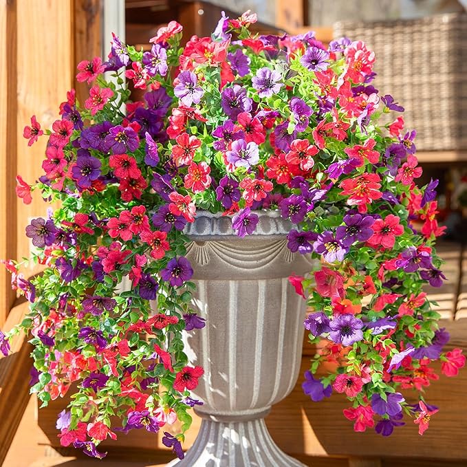 HyeFlora Artificial Flowers for Outdoors Decoration, 2Pcs Fake Hanging Spring Summer Decor, Purple and Hotpink Realistic Plants, UV & Fading Resistant Silk Flower for Porch Patio Balcony Planter Yard