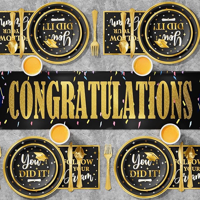 Ecomore Graduation Decoration Class of 2026, 350PCS Graduation Party Supplies Disposable Dinnerware(Serve 50) with Paper Plates Cup Napkin Fork Knife Spoon College High School Grad Decor(Black & Gold)