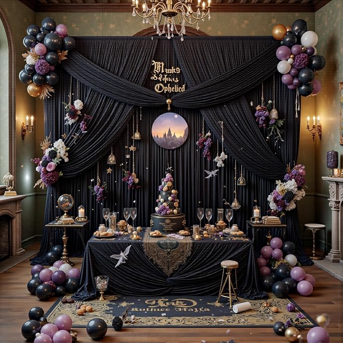 30ftx12ft Wrinkle Free Black Backdrop Curtains for Parties, 6 Panels 5x12FT Long Silky Polyester Black Photo Backdrop Drapes Back Drop Cloth for Wedding Birthday Photography Background Decor